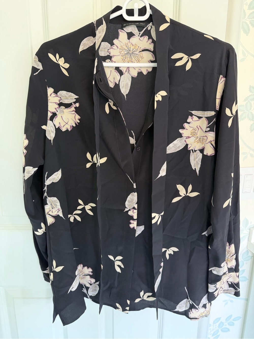 Etro Black Floral Cream and Lilac Tie-Neck Top
